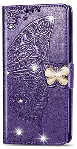 For iPhone SE 2022 Case iPhone SE 2020 Case iPhone 8/7 Case Glitter 3D Bling Sparkly Gems Butterfly Flip Case Stand Wallet Phone Case Card Slots Magnetic Silicone Bumper Shockproof Cover Deep purple
