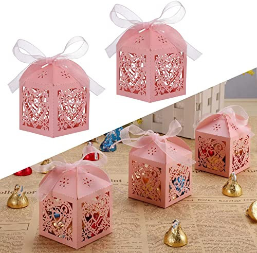 50 Stück Geschenkbox für Hochzeit - Geschnitzte Hollow Gastgeschenk Box Klein Rosa (5x5x7cm) - Für Süßigkeiten, Schokolade - Mit Farbband für Party, Taufe