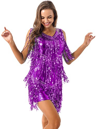 MSemis Vestito Latino Americano Lustrino con Nappa Vestito Gatsbi Donna Ragazza Costume da Ballo per Tango Jazz Rumba Salsa Tassel Gonna Latino Frange Abito da Cocktail Viola M