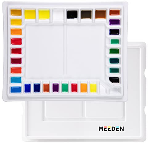 MEEDEN Watercolour Ceramic Palette: 33 Well Large Porcelain Paint Mixing Palettes with Lid 34.5 x 27.4 cm