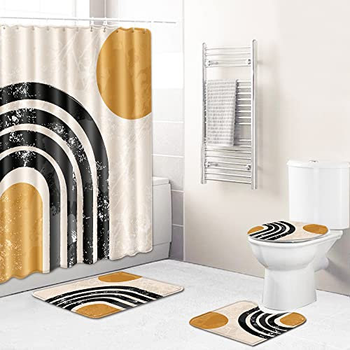 Badezimmerteppich Schwarzes Senfgelb Badematte Set 3 Teilig,Teppich Badvorleger rutschfeste (50x80)+U-Typ Wasseraufnahme Schmutzfangmatte +Schnelltrocknend Toilet Fußmatte
