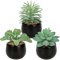 Hollyone 3 pcs Fake Succulent Plants Artificial Succulents in Black Ceramic Pots, Faux Flocking Succulents for Room Home Bathroom Bedroom Office Kitchen Living Room Desk Decoration