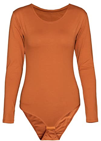 Evoni Damen-Body I Bodysuit mit Rundhals für Frauen I Langarm-Body in verschiedenen Farben I Optimale Alternative für Sport & Freizeit L Zimt