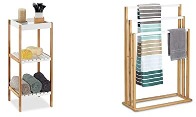 Relaxdays Bambusrahmen Badregal mit 3 Ablagen, freistehend, Standregal offen, Bambus, MDF, 72x30x29 cm, Natur/weiß & Bambus: ca. 82 x 54 x 24 cm treppenförmiger Handtuchhalter mit 3 Handtuchstangen