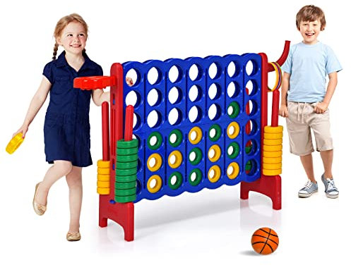 DREAMADE Riesiges 4 Gewinnt Spiel mit Basketballkorb und Wurfspiel, Strategiespiel für Kinder und Erwachsene, 4 in Einer Reihe, Brettspiel Spielzeug,Vier in Reihespiel Kinderspiel (Blau+Rot-Rahmen)