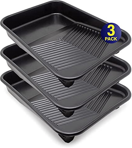 FoamPRO 309 9 inch Molded Plastic Paint Tray- 3 Pack, Black- Solvent-Proof Roller Trays w/Ladder Hook Legs- Durable Interior Exterior Home Painting Supplies & Tools for Paint Rollers & Roller Brushes