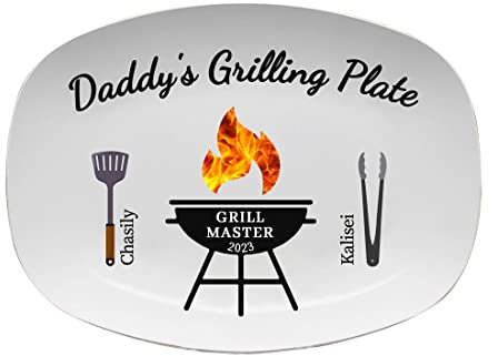 SSRUI Personalisierte BBQ-Grillplatte, individuelle Platte für Vatertag, Grillgeschenke für Vater, Grill-Serviertablett Teller weiß oval Serviergeschirr Opa Papa Männer Vatertagsgeschenk von Kindern
