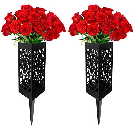 Jarrones de Cementerio de 2 Piezas con Pinchos de Espuma para Exteriores en Jarrón de Tierra para Soporte de Flores de Cementerio, Jarrón de Flores de Lápida de Drenaje Negro para Marcadores de Tumbas