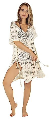 Gräfenstayn Strandkleid Damen gestrickt - Oeko-Tex Standard - Perfekt als Strandponcho oder Cover-up Bikini, Badeanzug - Strandtunika (L-XL Creme-beige)