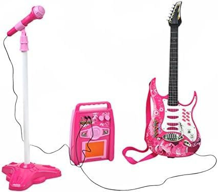 SILUK E-Gitarre + Verstärker + Mikrofon mit Ständer Set für Jungen (Rosa)