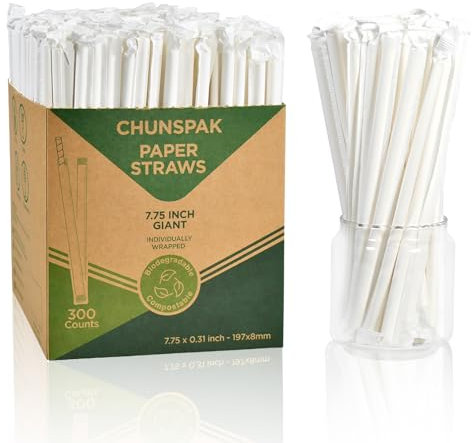 Pajitas desechables de papel blanco, empaquetadas individualmente, 19,7 x 0,8 cm, 300 unidades, 100% biodegradables