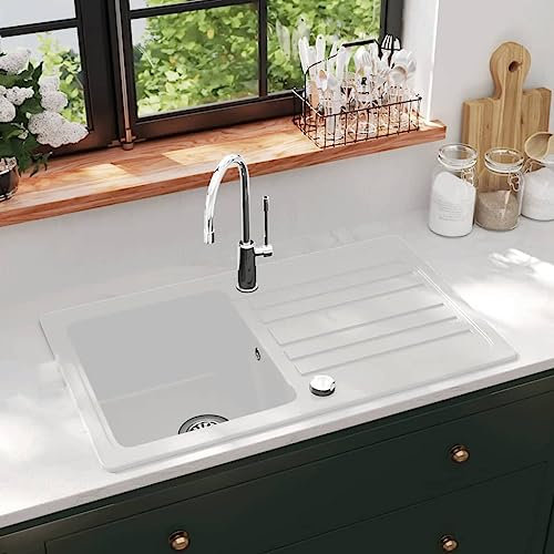 Granit Küchenspüle Einzelbecken Waschbecken Spültisch mit Abtropffläche, wendbar, cremeweiß