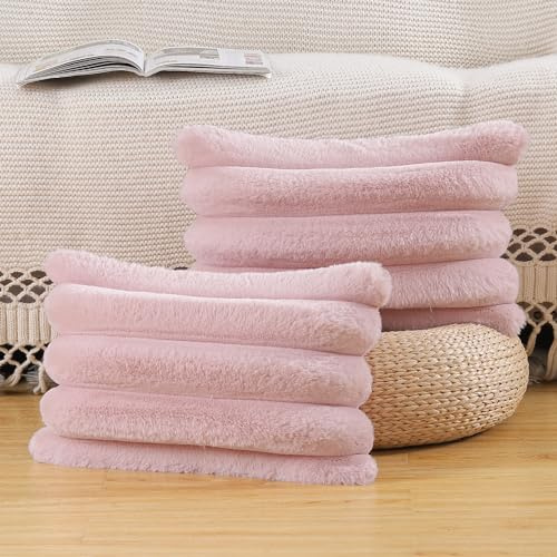 Madizz 2er Set Plüsch Samt Dekorative Kissenbezüge Flauschig Gestreifte Weich Kissenbezug für Sofa Schlafzimmer Kissen Shell Rosa 40 x 80 cm Rechteckig