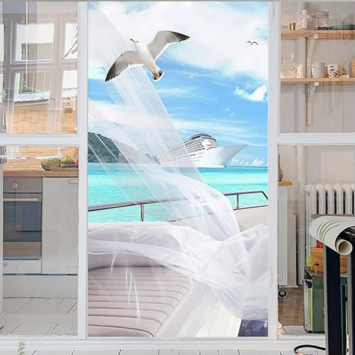 Fensterfolie Selbsthaftend Strand Mit Tropischen Palmen An Der Küste Fensterfolie Blickdicht 3D Glasaufkleber Statisch Selbsthaftend Ohne Kleber Uv Schutz Fensterfolie Milchglas 45x200cm
