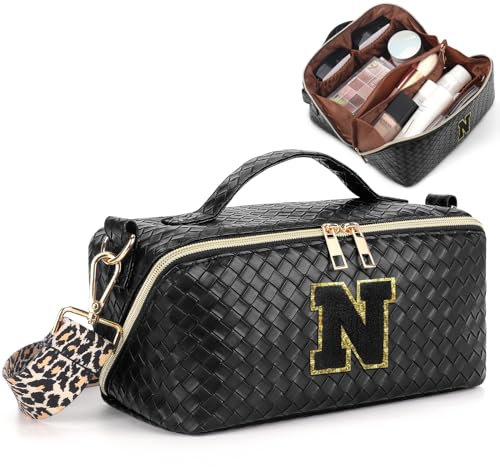 Deciniee Reise Schminktasche Kosmetiktasche Damen: Reise Make Up Tasche Buchstabenanpassung - Tragbare Make Up Bag mit Schultergurt - Schwarz N