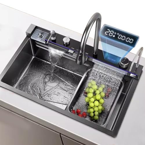Fregadero de cocina de acero inoxidable con cascada negro, fregadero grande de un solo tazón con pantalla de temperatura del agua, accesorios completos (68 x 45 x 22 cm)