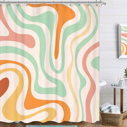 Famiffty Duschvorhang im Retro-Stil der 70er Jahre, bunt, Vintage-Stil, flippig, für das Badezimmer, 183 x 183 cm, ästhetisch, trendig, Badezimmer-Accessoires, Dekor, Grün, Orange, wasserdichter Stoff