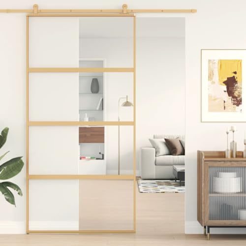 BAZZI Porte Scorrevoli, Porta Scorrevole Interno Muro, Porte Interne, Porta Scorrevole Esterna, Porta da Interno, Porta Scorrevole Oro 102,5x205 Vetro Trasparente ESG Alluminio