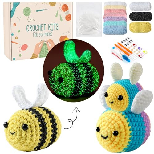 MJARTORIA Häkelset für Anfänger Tiere, Häckeln Stricken für Anfänger Set mit Anleitung Häkelnadeln Garn, Kreativ Strickset Bastelset Erwachsene Kinder Geschenk (Nachtleuchtend Gelb Biene)