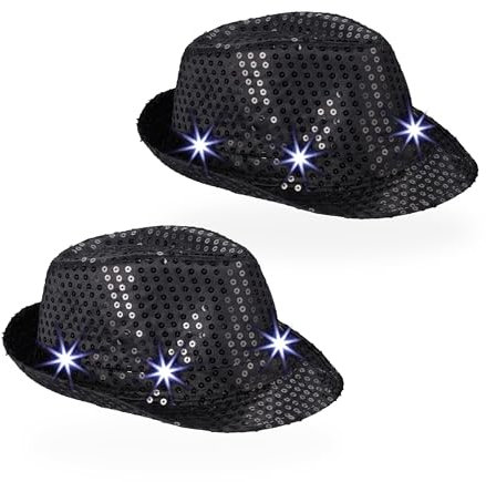 Relaxdays Pailletten Hut 2er Set, mit 6 LEDs, 3 Leuchtmodi, Glitzer, Männer & Frauen, Partyhüte, Silvesterhüte, schwarz