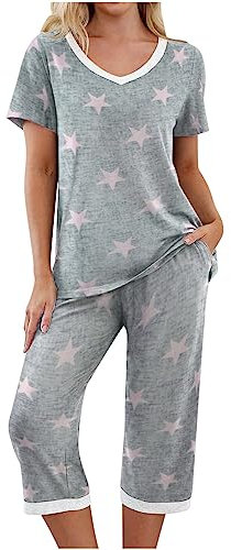 Pyjama-Sets für Damen, kurzärmelig, Rundhalsausschnitt, Oberteil mit Caprihose, Nachtwäsche, 2-teiliges Lounge-Set, Damen-Pyjama-Sets, Fitness-Sets für Damen, 2-teilig, Grau1, 48