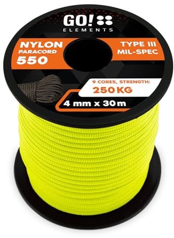 GO!elements 30m Paracord Seil aus reißfester Nylonschnur - 4mm Paracord 550 Typ III Schnur - geeignet als Allzweckseil & Reepschnur - Max. 250kg, Farbe: Neon