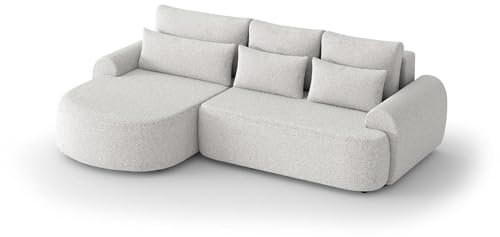 BEAUTY SOFA - Olivio- Ecksofa 266x170 cm - Sofa L-Form, Couch, Gästebett, Sofa mit Schlaffunktion, Schlafcouch, Schlafsofa mit Bettkasten - Boucle Beige (Catch me 01) - Ottomane Links