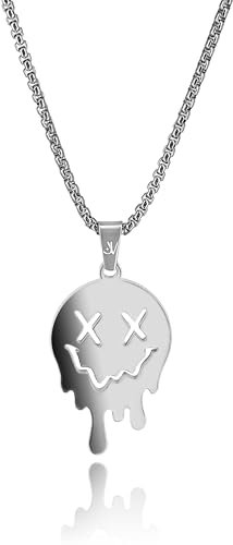 JVillion Schmelzender Smiley-Anhänger Halskette Silber Herren, Box Kette, Streetwear Modeschmuck, Edelstahl, 50-60cm, Wasserfest & Nicht-Abfärbend (55)