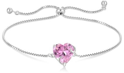 YL Damen Herz Armband 925 Sterling Silber Weißgold Plattiert Armband Oktober Geburtsstein Rosa Turmaline Schmuckgeschenke für Mutter Freundin Frau