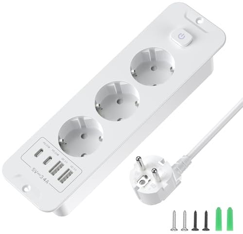 Versenkbare Steckdose 3 Fach, Einbau steckdosenleiste mit 4 USB, Einbausteckdose Mehrfachsteckdose, Tischsteckdose mit 2 USB C, Tischplatte Versenkte Steckdose - 2M Kabel Weiß White