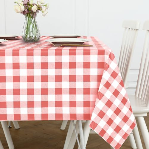 mosayt Wachstuchtischdecke Weihnachten Rot Weiß Kariert 140x180 cm Tischdecke Outdooor Wetterfest PVC Tischdecken Gartentischdecke Wachstuch landhausstil deko für Draußen,Balkon,Party,Garten,Kinder