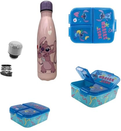 PELLECCHIA 1969 | Set Pranzo Scuola 2 Pezzi | Porta Merenda Scuola con 3 scomparti in Plastica BPA Free e Borraccia Alluminio 500ml con sistema push-pull e tappo di chiusura (STITCH ROSA 25)