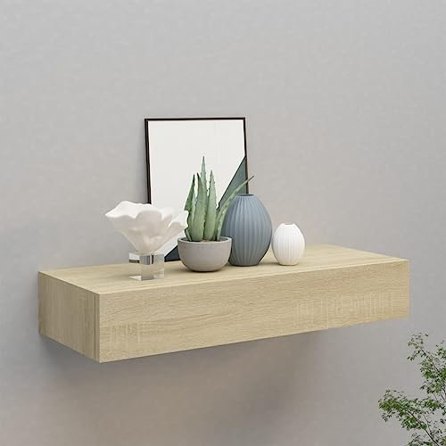 FENLAX Schubladenregal 60x23,5x10 cm MDF, Metall Eichefarben Wandschrank Mit Schublade Schweberegal Mit Schublade Wandregal Mit Schubladen Hängeschublade Floating Shelves