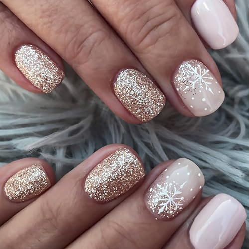 TELAIN Lot de 24 faux ongles press-on, courts, carrés, en acrylique, rose, avec motif flocon de neige, à paillettes, couverture complète de l’ongle, pour femme