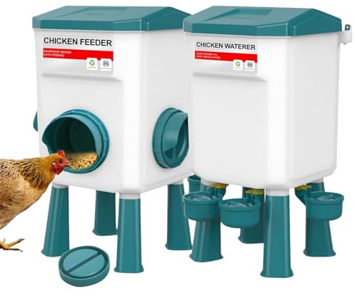 Futterautomat Hühner und Hühnertränke Set, 8kg Hühnerfutterspender und 7L Hühnertränke, Hängende Outdoor-Geflügelfütterung mit Abnehmbaren Beinen