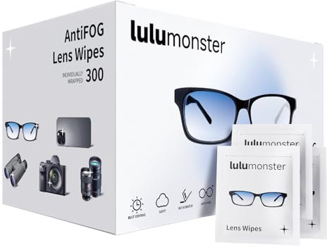 300 Count Anti Fog Lens Wipes for Eyeglasses, [300 Pre-Moistened Individually Wrapped Wipes] [Non-Scratching & Non-Streaking] Cleaner Wipes for Glasses, Sunglass, Phone Screen Camera Lens, Goggles