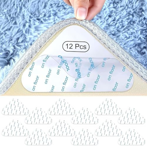 HTRTRR Lot de 12 Autocollants antidérapants pour Tapis, antidérapant et réutilisable, pour Tous Les Types et Tailles de Tapis (Blanc)