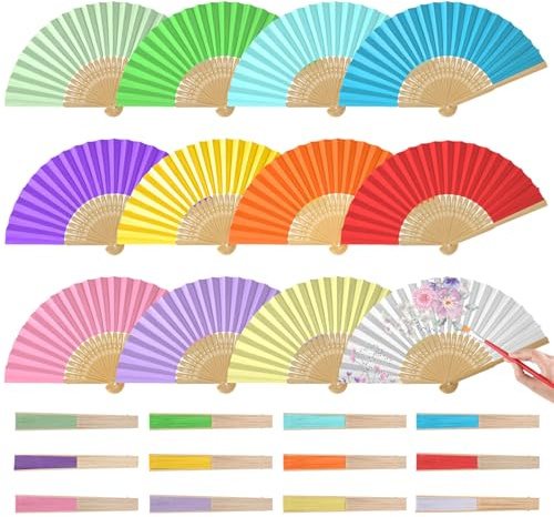 Hand Fächer Faltbar Papierfächer Mehrfarbig Handfächer Hochzeitsfächer für DIY Tanzen Hochzeit Deko Party Sommer 12 Farben