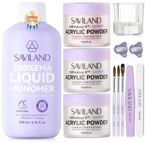 SAVILAND Advanced Low Odor Acryl Nagelset: Komplettes Acrylnagel Set mit EMA Monomer Klarem Weißen und Rosafarbenem Acrylpulver Acrylpinsel für Verlängerungen Ombre Designs