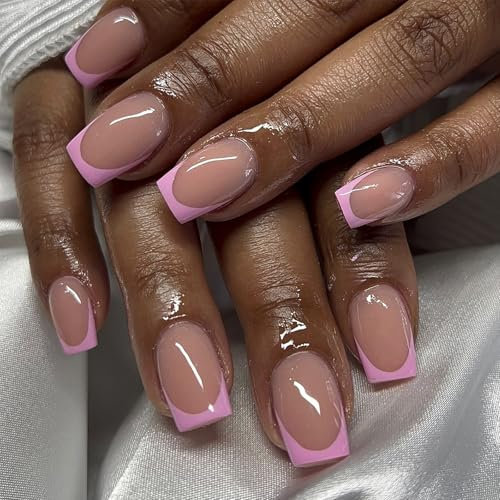 French Tip False Nails - 24pcs Short Square Press on Nails - 12 Sizes Pink Nails French Tip - Short Fake nails with Glue - Reusable Glossy Full Cover Stick on nails for Women Diy Manicure at Home