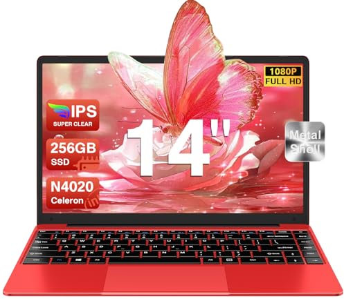 Laptop PC Notebook Computer Win11 14 Inch 6GB 256GB SSD Expansion 1TB, Celeron N4020 Laptop up to 2.8GHz, 5000mAh 5G WiFi BT4.2 Support Wireless Mouse & Keyboard Protection-Red