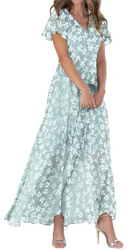 Women's Chiffon Floral Maxi Dress UK Ruffle Short Sleeves V Neck Vacation Beach Dress Ladies Casual Elegant Sundress Floral Print Flowy Boho Dresses Summer Wedding Guest Long Dresses