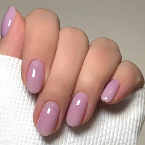 24 Pièces Amande Faux Ongles Court, Couleur Pure Ongles à Coller Glossy Ballerine Press on Nails, Français Acrylique Artificiel Capsules Ongles pour Femmes et Filles (Violet Clair)