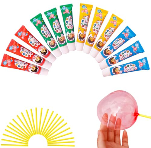 12pcs super Elastic Bubble Plastic,magic Bubble Glue,Magic Plastic Bubble Balloons,Set of 12 Kids Elastic Blowt Balloons with Straw, Party Favours and Gifts Fidget for Indoor and Outdoor Colour
