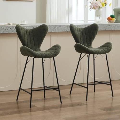 DAYALANE Barhocker 2er Set, Bar Stool mit Lehne & Fußstütze, Grün | Barstuhl aus Chenille, Küchenhocker Modern, Barsessel Bistrohocker für Küche & Bistro