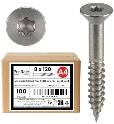 PRORAJE Vis à bois INOX A4 : 8x120 mm Tête fraisée TORX, LOT DE 100 Pcs | Filetage Partiel 70mm, Acier inoxydable A4 (V4A / AISI 316), Construction / aggloméré, 8 x 120mm , 8x120mm, 8 x 120 mm