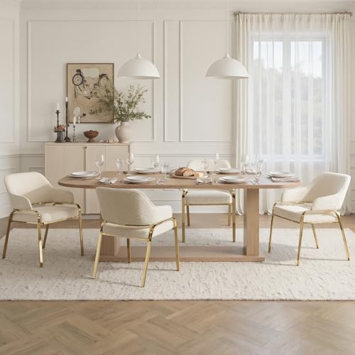 DAYALANE Lot de 4 Chaises de Salle à Manger, Élégant et Pieds Doré, Blanc | Chaise de Cuisine Moderne en Chenille, Chaises de Salon Scandinave avec Cadre en Métal Doré, pour Bureau Chambre