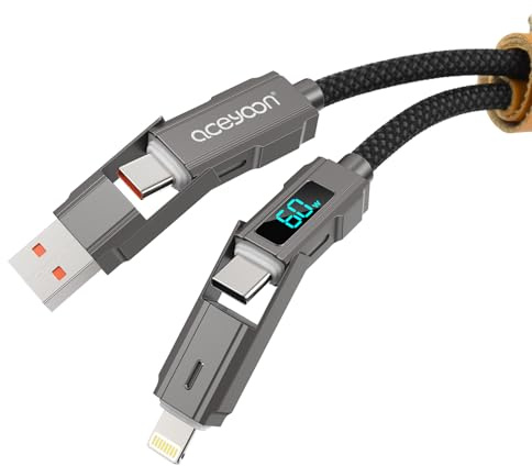aceyoon 4 in 1 Multi Charger Cable, 60W LED Display Fast Charging Cable, USB C to Lighting/Type-c to USB C/USB A to Lighting/USB A to USB C Charger Cord 1.5M for iPhone, Galaxy, Macbook, iPad