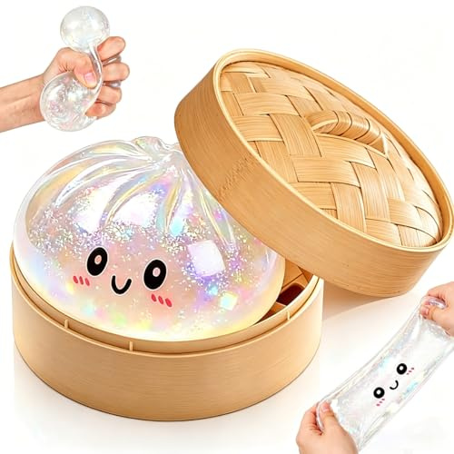 Mystery Dumpling Squishy Buns XXL (1er), Glitter Squishy Dumpling Mystery Box, Dampling Squishys mit Dampfgarer, Mystery Bao Bun, Cute Steamed Buns Anti Stress Ball Squeeze Toy(Weiß)
