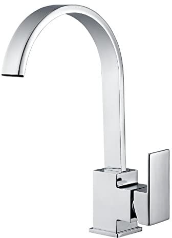 Hapilife Robinets d'évier de cuisine en laiton massif finition chromée, bec plat carré moderne pivotant à 360 degrés, effet cascade monobloc pour levier unique, avec tuyaux flexibles et raccords